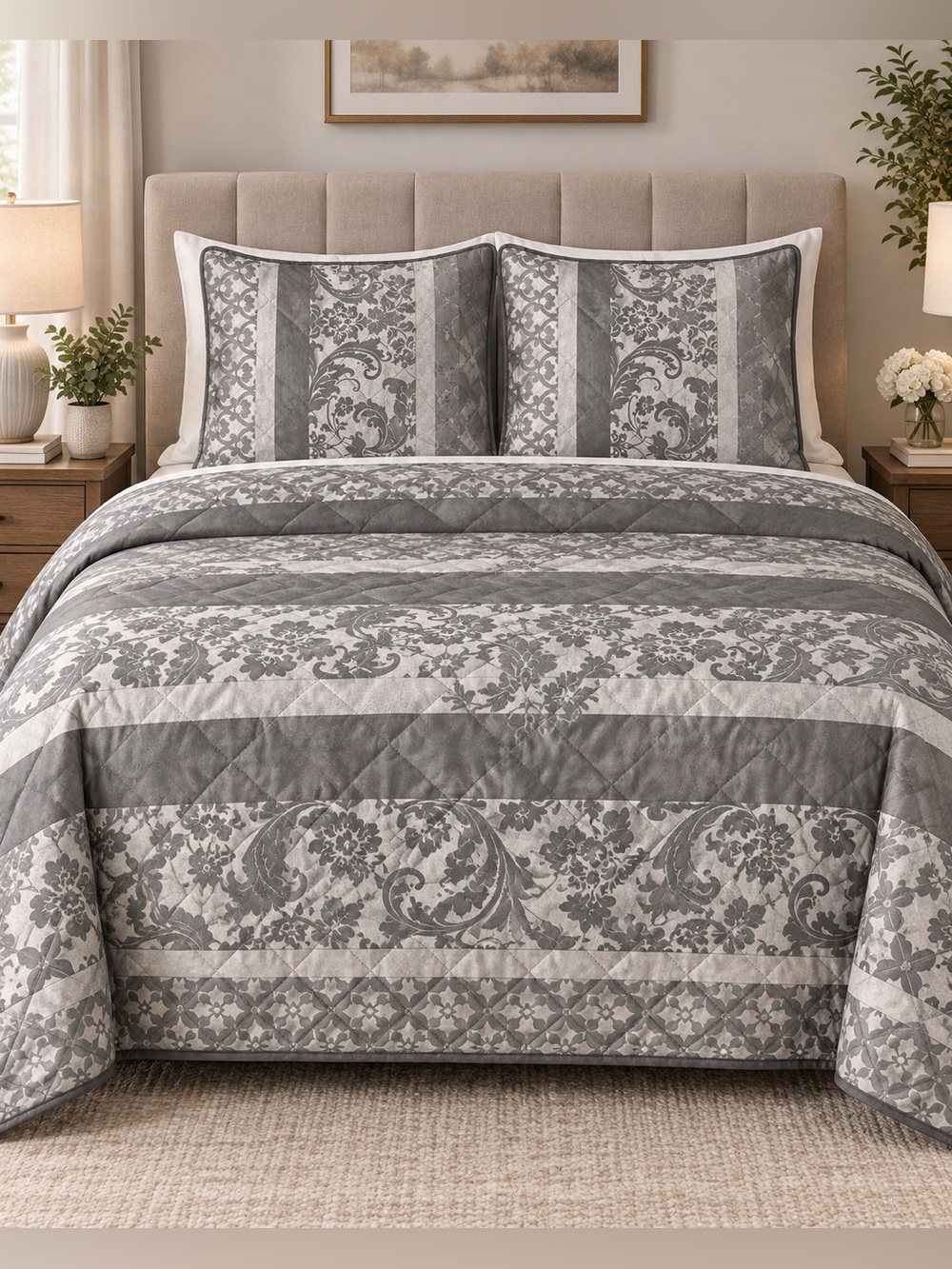 3 piece queen grey satin quilt set